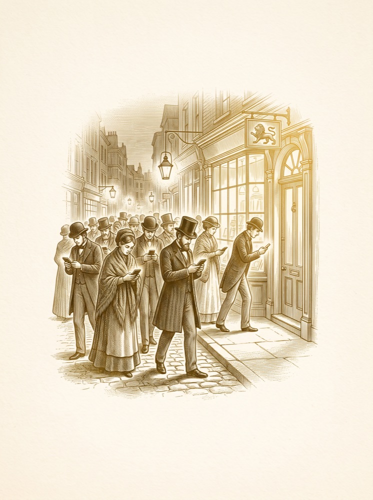 Engraved gold illustration: a night-time crowd lit by their phones beside one glowing lion shopfront