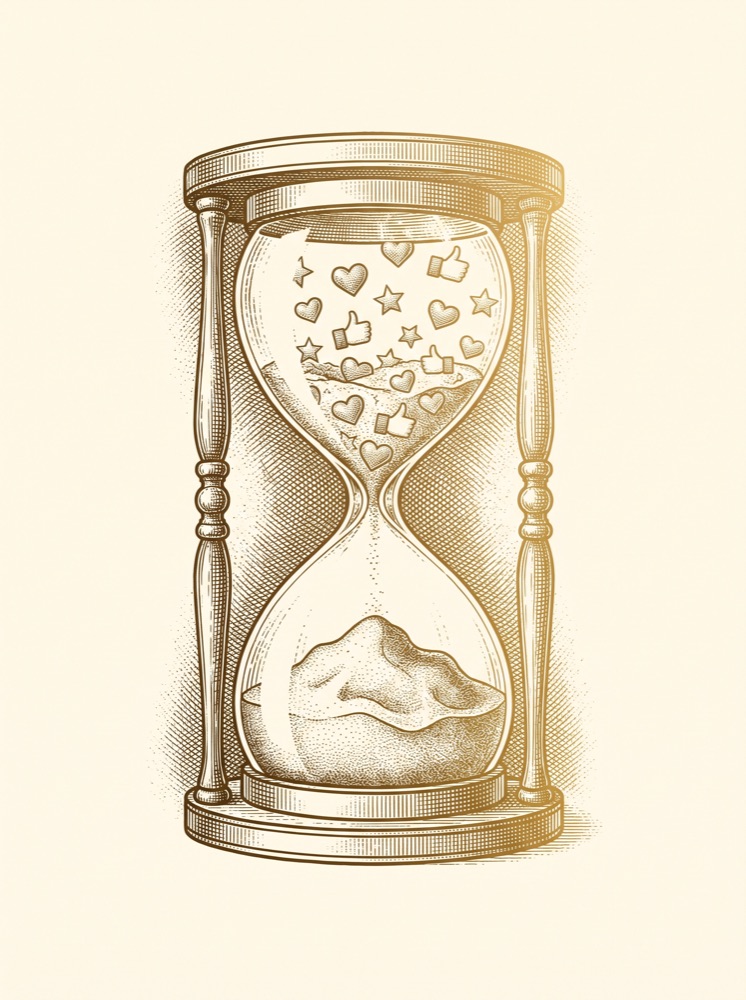 Engraved gold illustration: an hourglass in which likes and stars dissolve into plain sand